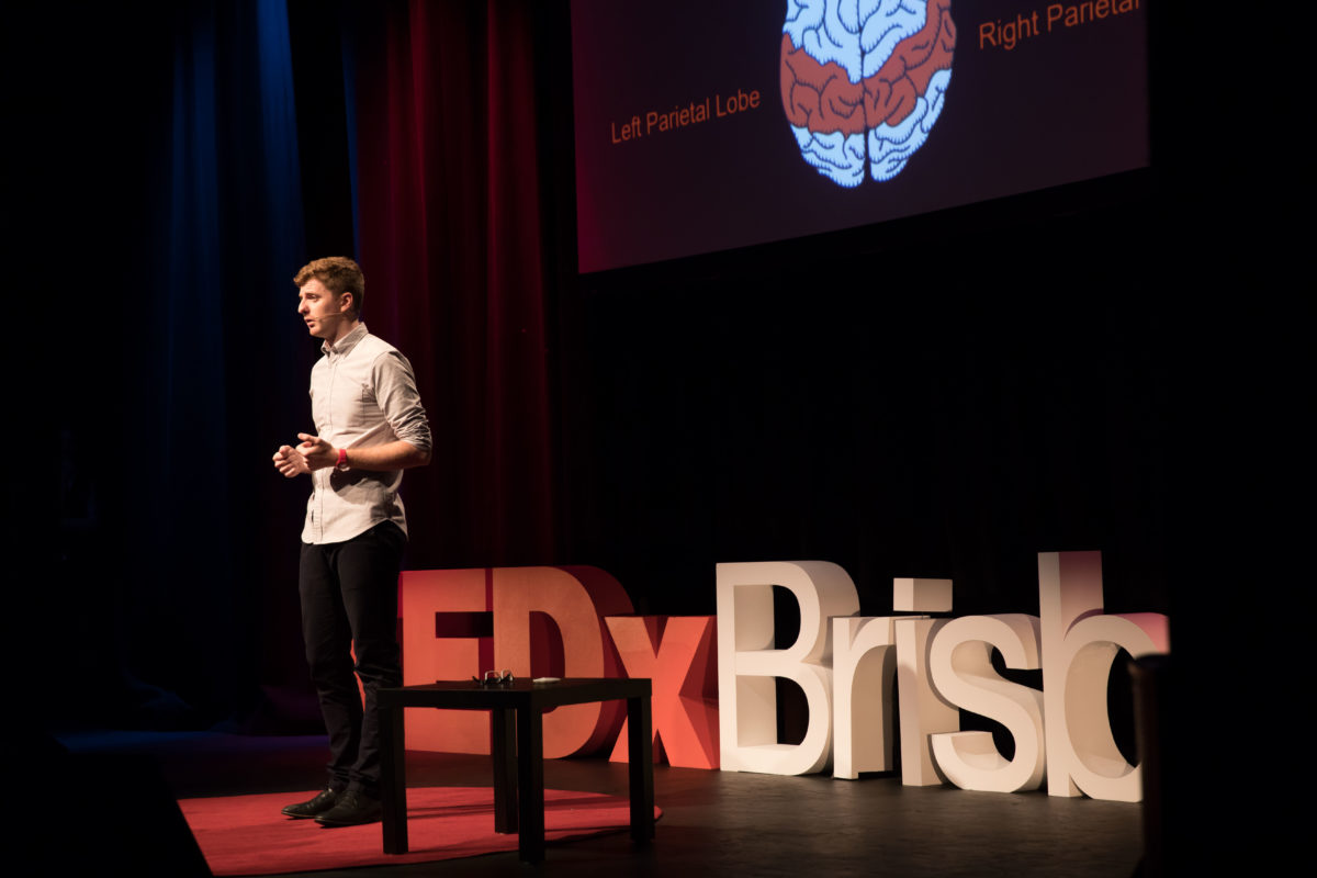 Ben MacMahon Delivering His TEDx Talk About A Solution For Visual Spatial Neglect